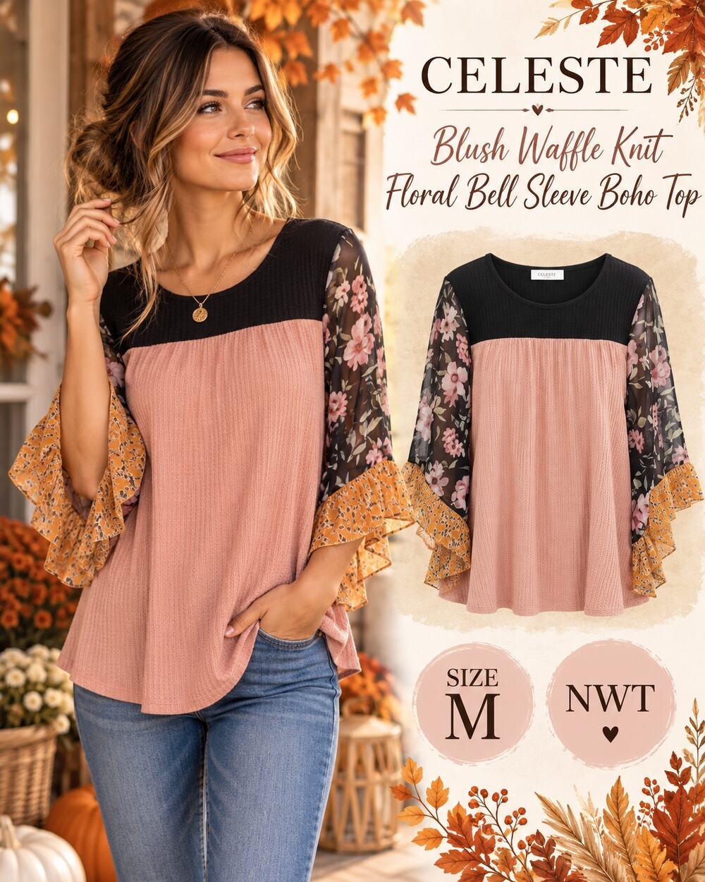 Celeste Women’s Medium Blush Waffle Knit Floral Bell Sleeve Boho Top NWT